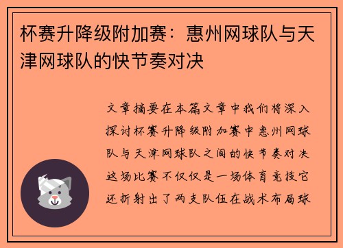 杯赛升降级附加赛:惠州网球队与天津网球队的快节奏对决